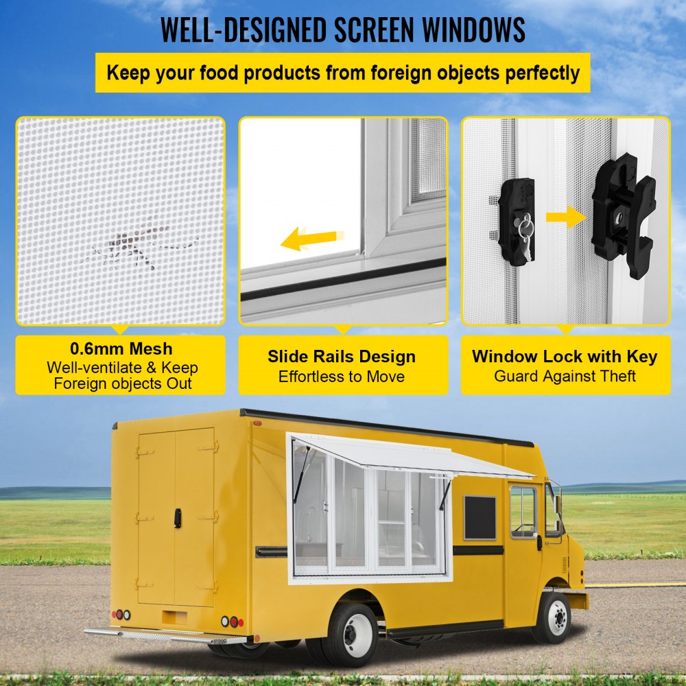 48x36 Aluminum Alloy Concession Window For Food Trucks – 4 Sliding Screens, 85° Awning, Door Lock, Weatherproof