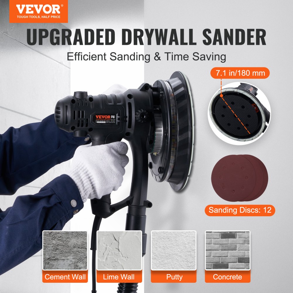 VEVOR Drywall Sander, 800W Electric Sander with 12 Sanding Discs