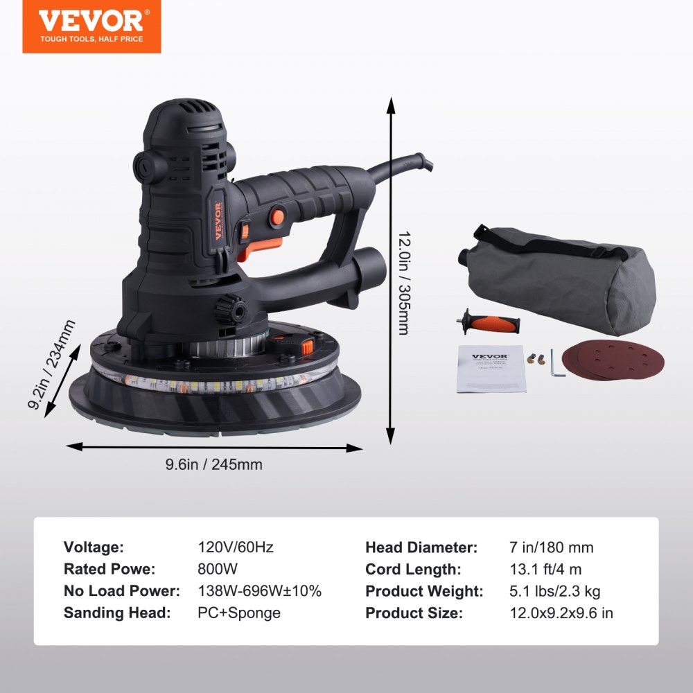 VEVOR Drywall Sander, 800W Electric Sander with 12 Sanding Discs ...