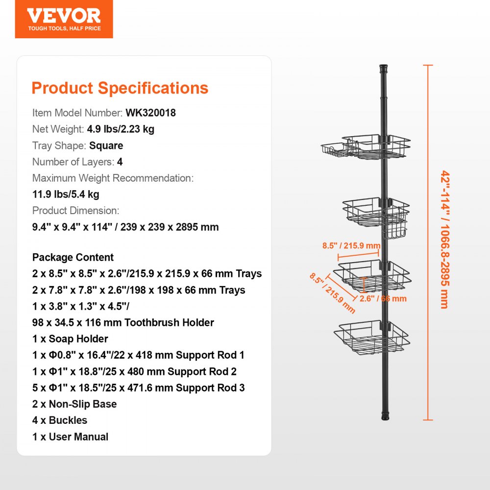 VEVOR Shower Corner Caddy Tension Pole, 42