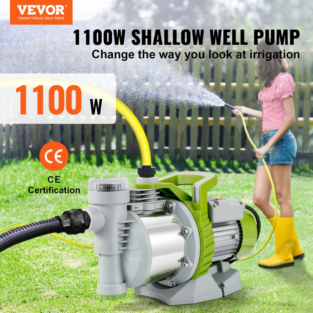 VEVOR VEVOR Shallow Well Pump, 1100W 230V, 4560 L/h 45 m Head, Max 4.5