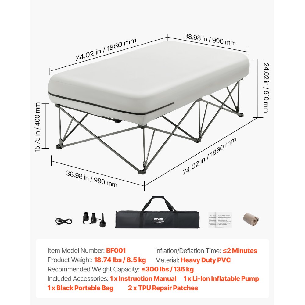 VEVOR Air Mattress Twin with Frame, 1 Person Inflatable Mattress with ...