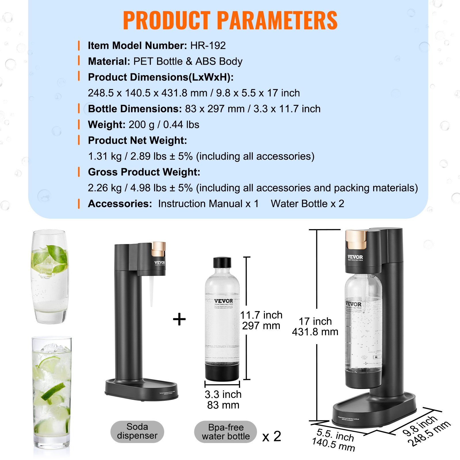 VEVOR Sparkling Water Maker, Soda Maker Machine voor Thuis Koolzuur, Seltzer Water Starter Kit met BPA-vrije 1L PET-fles, 2 CO2-cilinders, compatibel met reguliere schroef-in 60L CO2-cilinder VEVOR Sparkling Water Maker, Soda Maker Machine voor Thuis Koolzuur, Seltzer Water Starter Kit met BPA-vrije 1L PET-fles, 2 CO2-cilinders, compatibel met reguliere schroef-in 60L CO2-cilinder