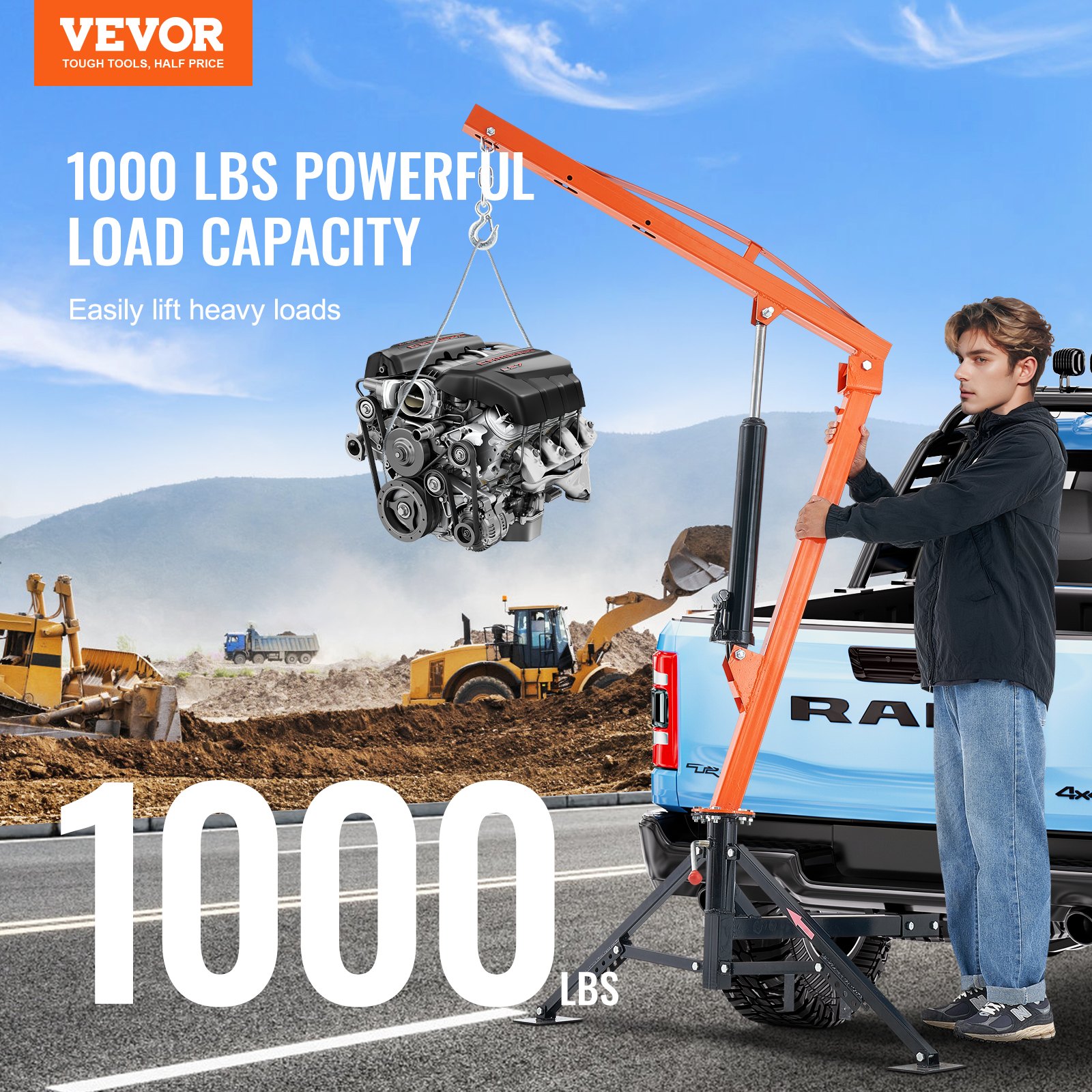 VEVOR Hydraulic Pickup Truck Crane, 1000 lbs Capacity, 360° Swivel ...