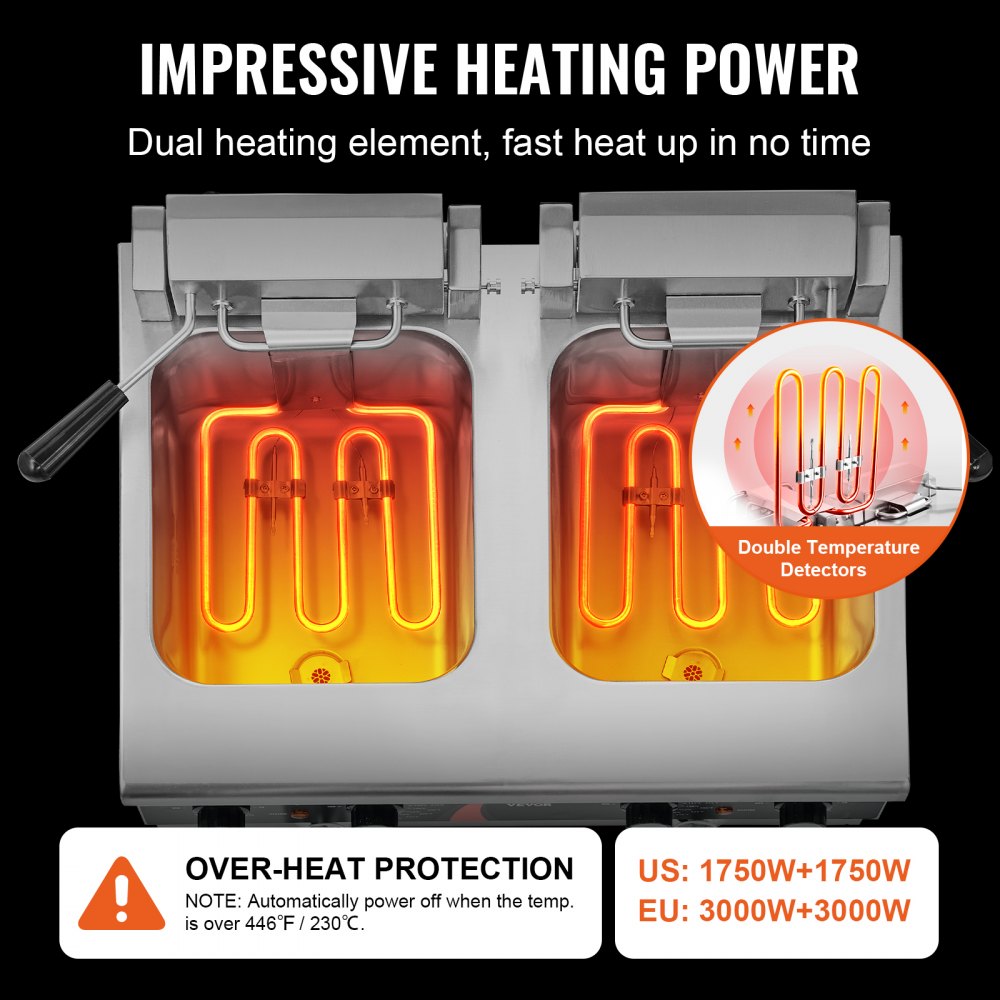 Komerční fritéza VEVOR, dvojitá nádrž, elektrická stolní fritéza o výkonu 3500 W, 2 x 9qt / 8,5 l dvojitá olejová fritéza se 2 koši, nerezová ocel o tloušťce 1 mm, ovládání času a teploty, pro použití v kuchyni a restauraci - miniatura 3