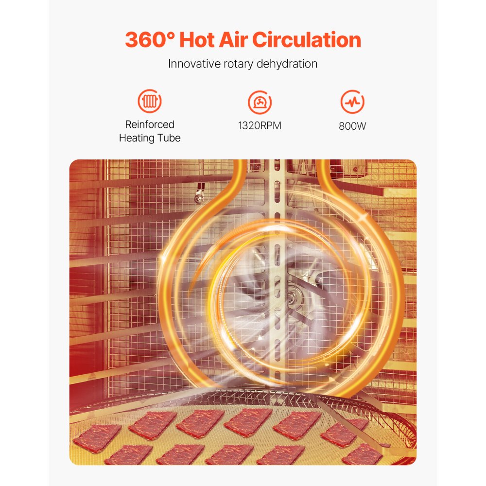 Rotační sušička potravin VEVOR, 12 nerezových táců, elektrická sušička potravin o výkonu 800 W s nastavitelnou teplotou a 24hodinovým časovačem, lyofilizátor na sušené maso, maso, ovoce, zeleninu, bylinky a psí pamlsky - miniatura 2