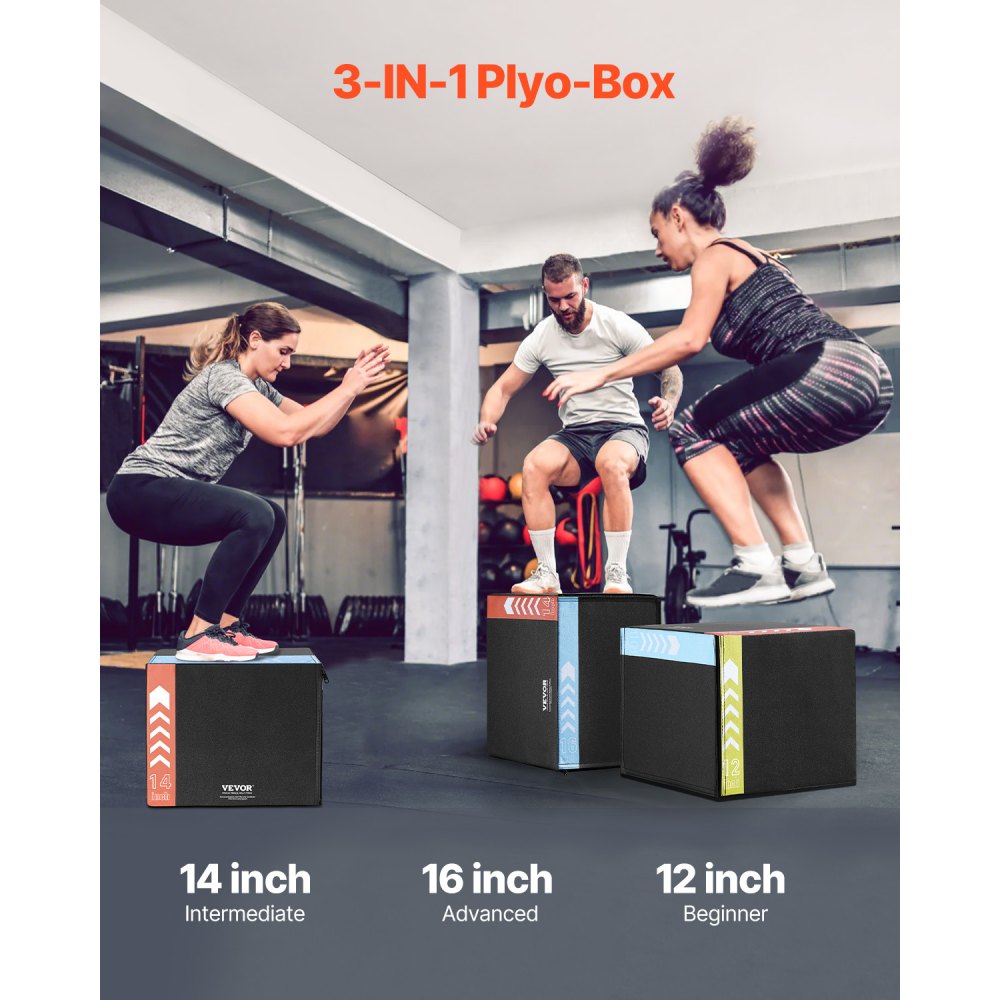 VEVOR 3 in 1 Plyometric Jump Box, 16/14/12 Inch Cotton Plyo Box ...