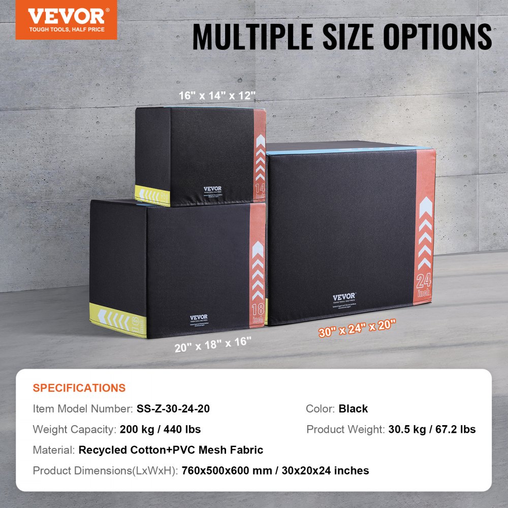 VEVOR 3 in 1 Plyometric Jump Box, 30/24/20 Inch Cotton Plyo Box ...