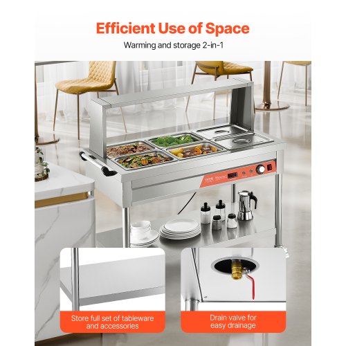 6 x 1/2 Pans Commercial Food Warmer Steam Table with Undershelf and ...