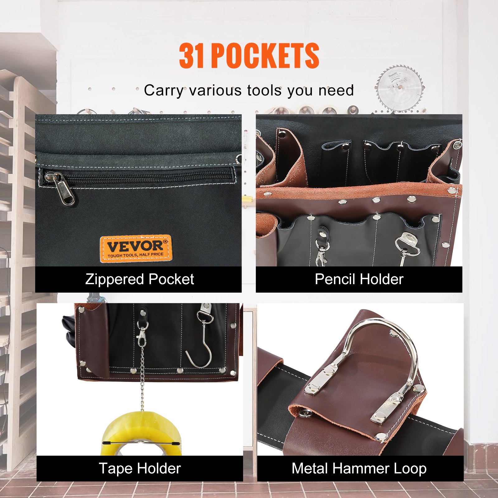 VEVOR 19-Pocket Heavy Duty Tool Belt – Adjustable 32–54 Inches, Detachable Pouch Bag For Electricians, Carpenters, Handymen & Framers (Brown)