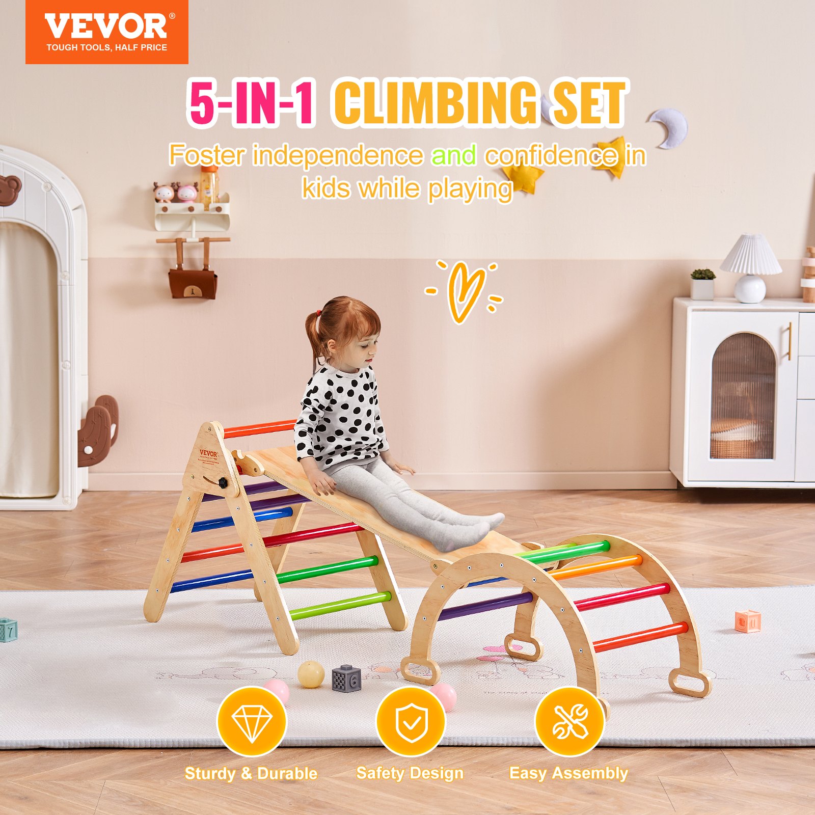 VEVOR Pikler Triangle Set, 5 in 1 Toddler Climbing Toys Indoor ...