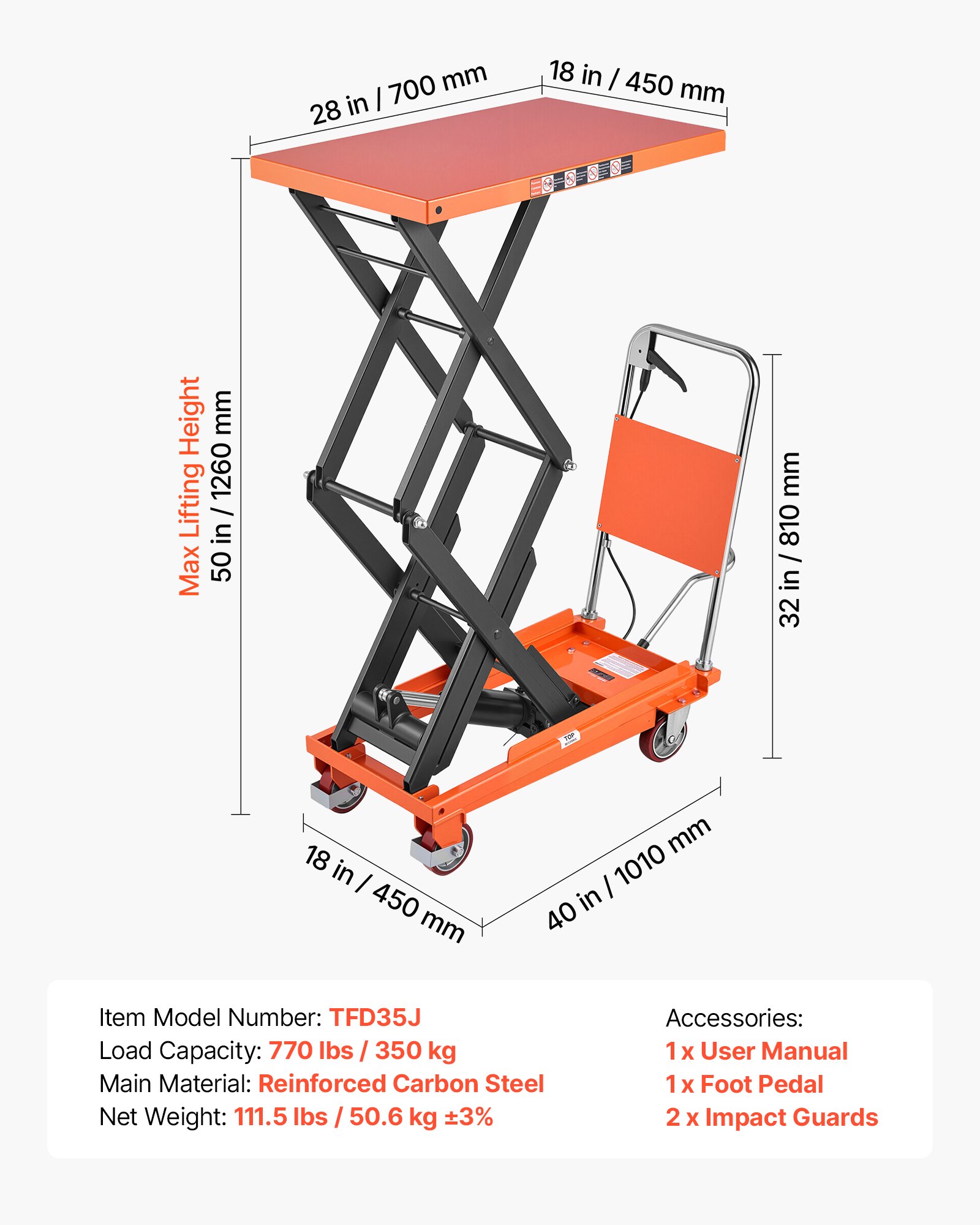 VEVOR Hydraulic Lift Table Cart, 770 lbs Capacity 50 in Lifting Height ...
