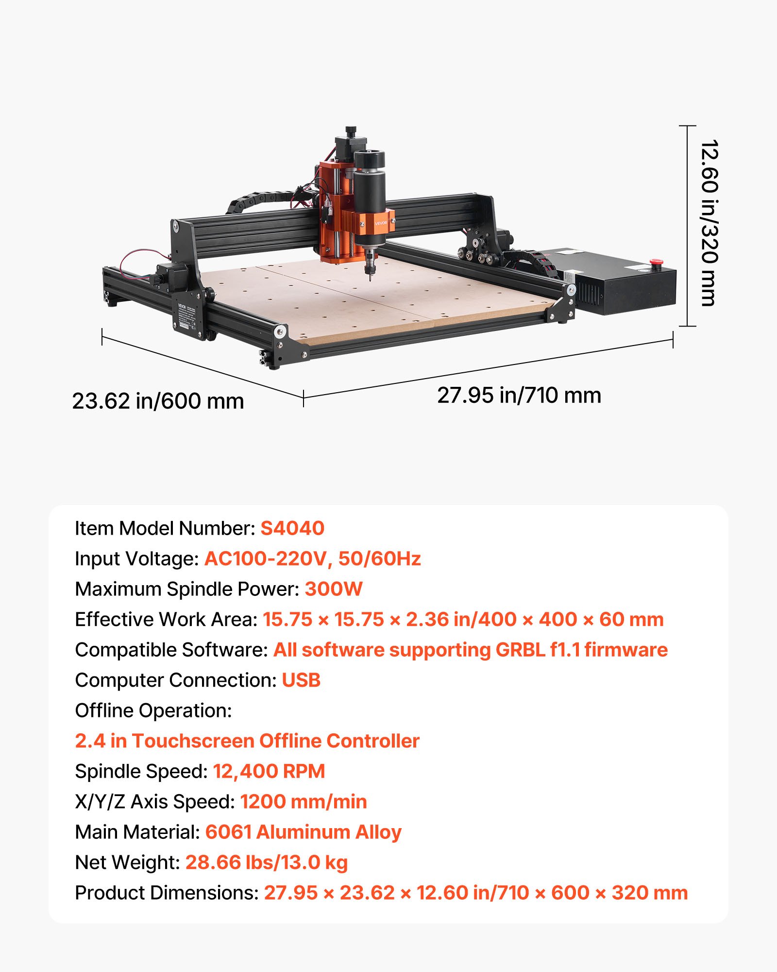 VEVOR CNC Router Machine, 300W Spindle, 3-Axis Wood Engraving Milling ...