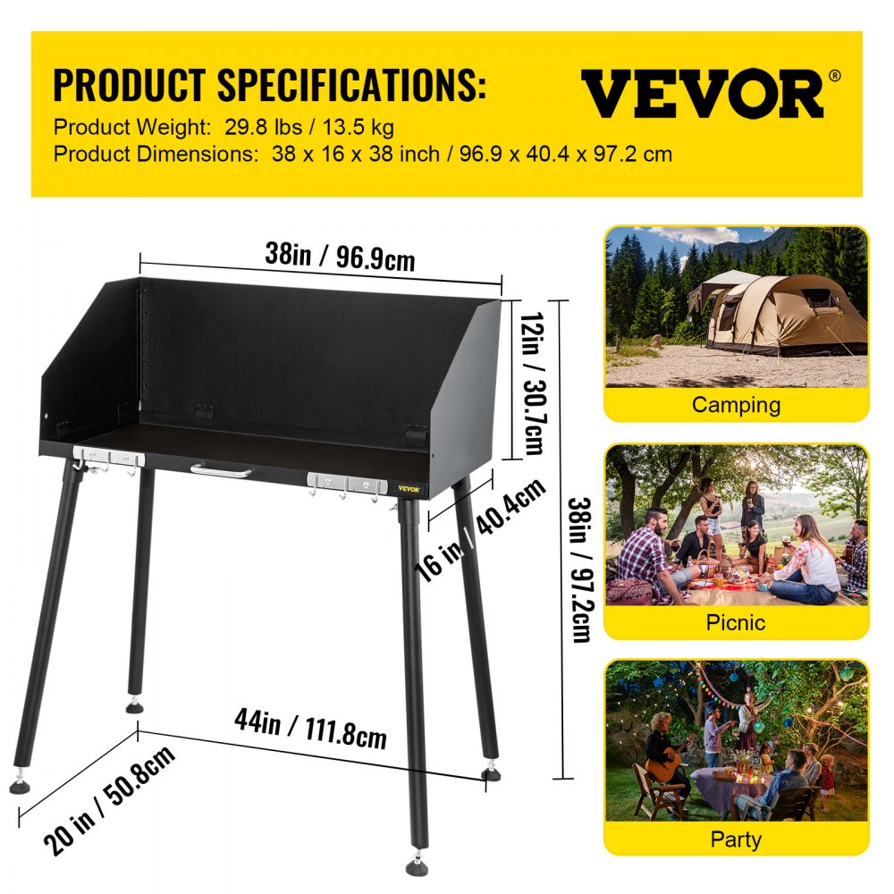 VEVOR Carbon Steel Camp Cooking Table 38 x 16 Inch with ThreeSided