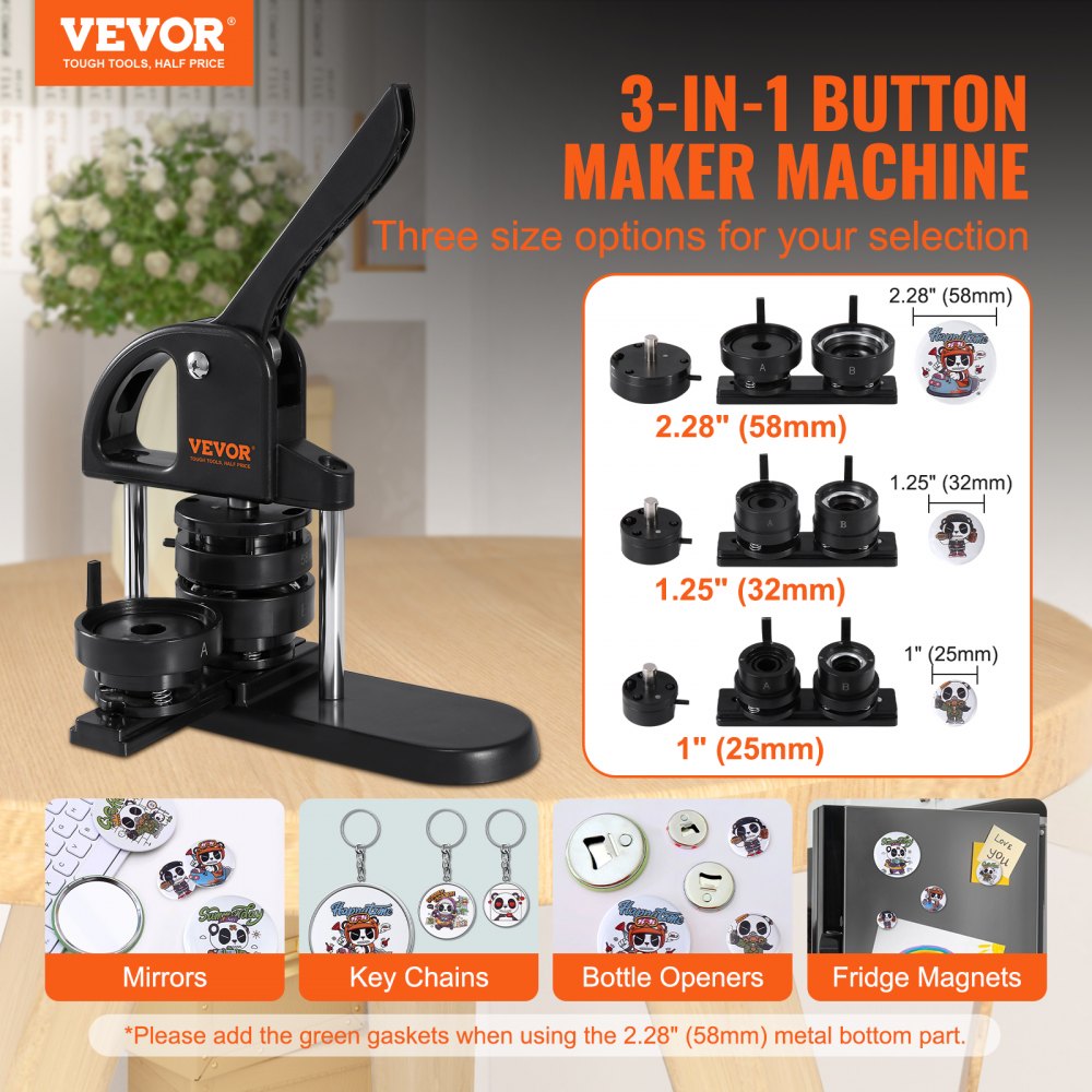 2 Button Machine VEVOR Button Maker Machine, 1/1.25/2.28 inch(25/32/58mm) 3-in-1 Pin ...