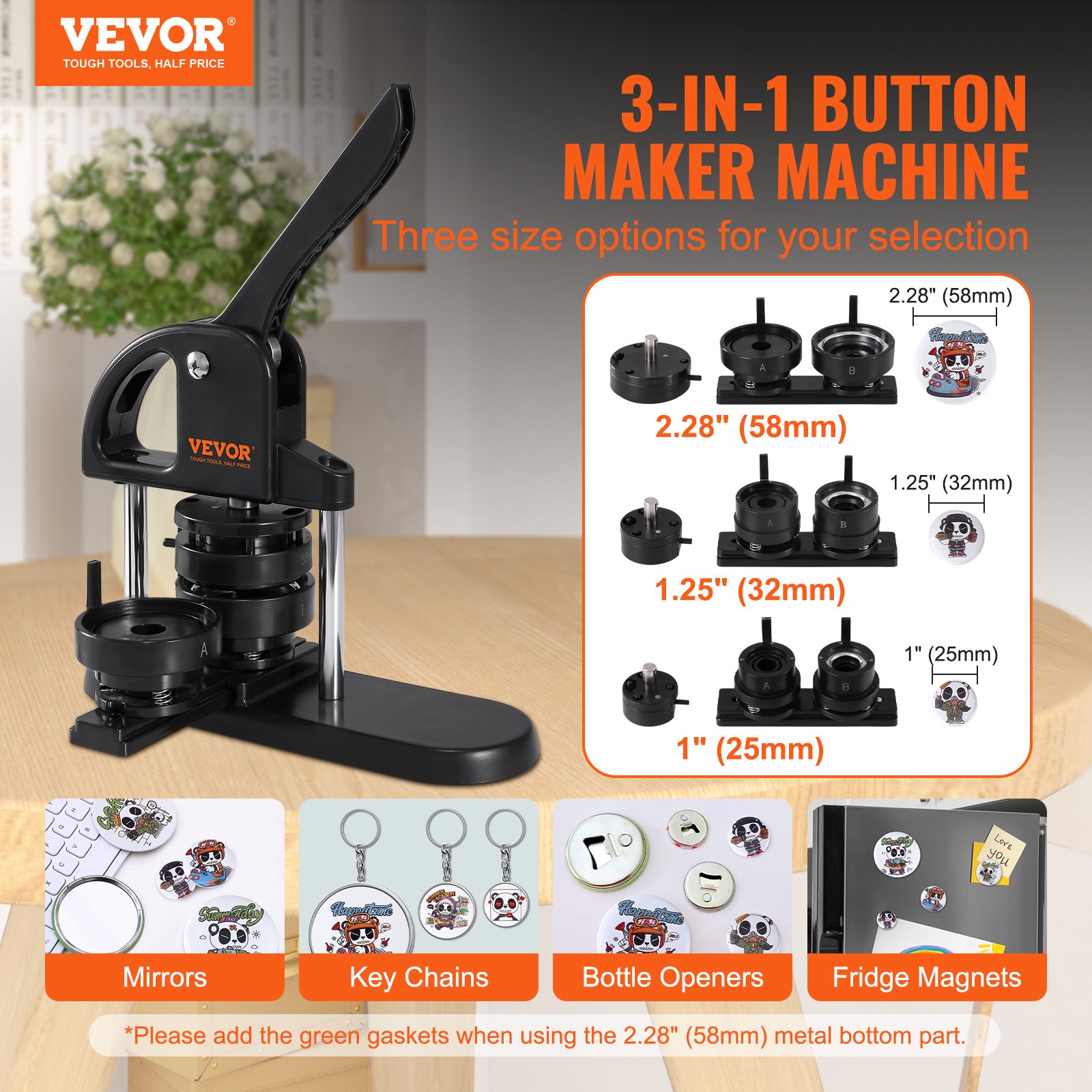 VEVOR Button Maker Machine, 1/1.25/2.28 inch(25/32/58mm) 3-in-1 Pin ...