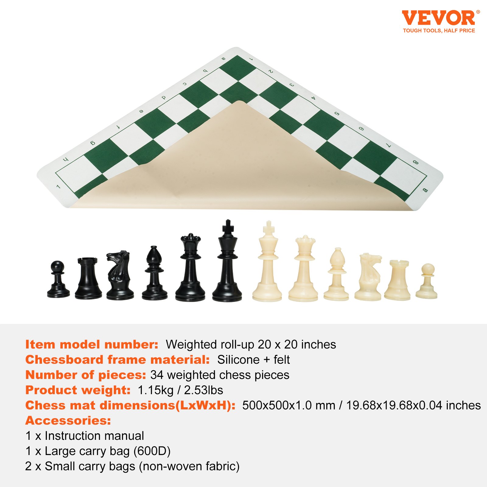 VEVOR Tournament Chess Set, 20 Inch Roll-Up Beginner Chess Board ...