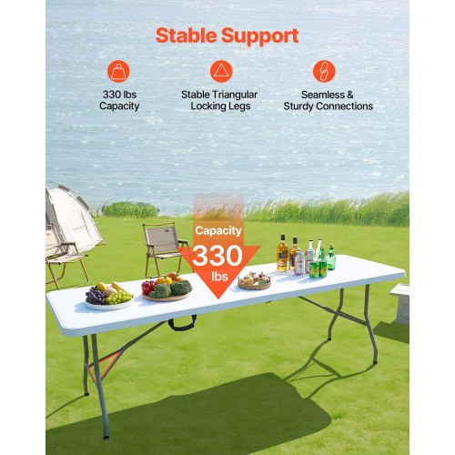 VEVOR 8ft Plastic Folding Table – 330 lbs, 48x29.5x3.5 in