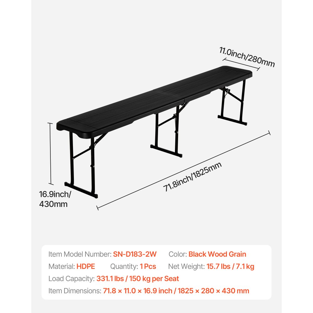 VEVOR Plastic Folding Bench, 6 ft Portable Bench for Indoor/Outdoor ...