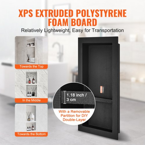 C CO-CHRIS Shower Niche Insert Tile Ready, Black Recessed Bathroom Niche For Shower Wall, 16" L