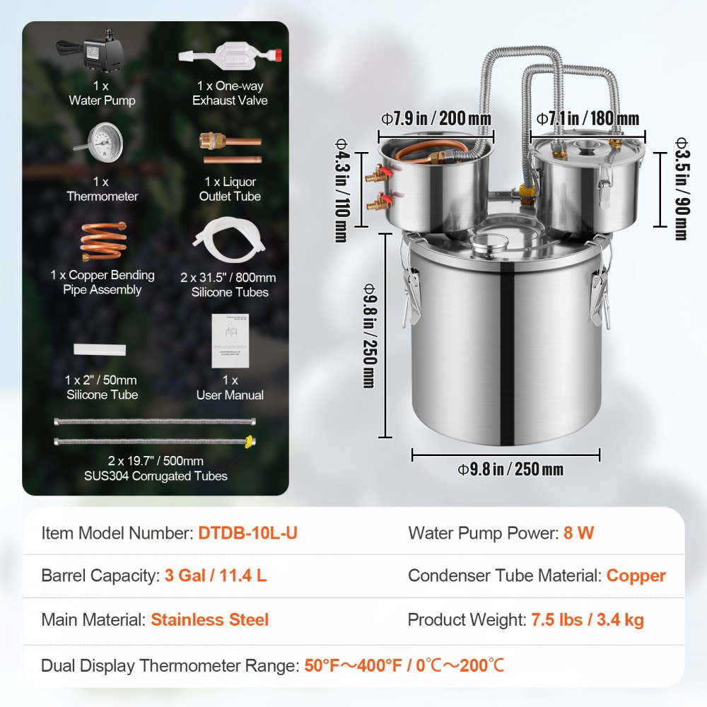 Large Distiller VEVOR Alcohol Distiller Kit – 3Gal, 5Gal, 8Gal, 11.4 L
