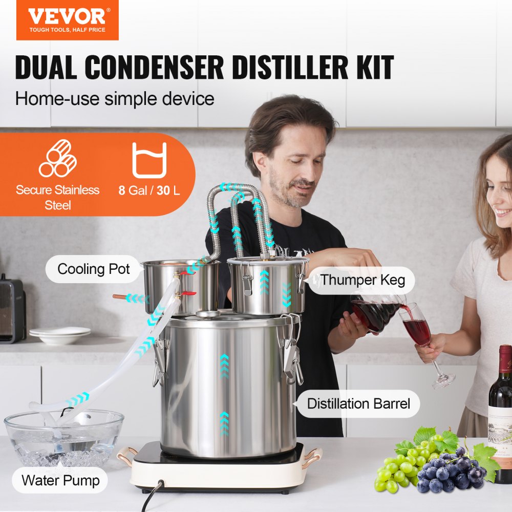 Large Distiller VEVOR Alcohol Still, 8 Gal / 30 L Stainless Steel Water Alcohol ...