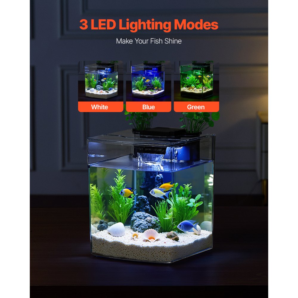 VEVOR 2 Gallon Fish Tank – 3 Color LED, 3 mm Thickness