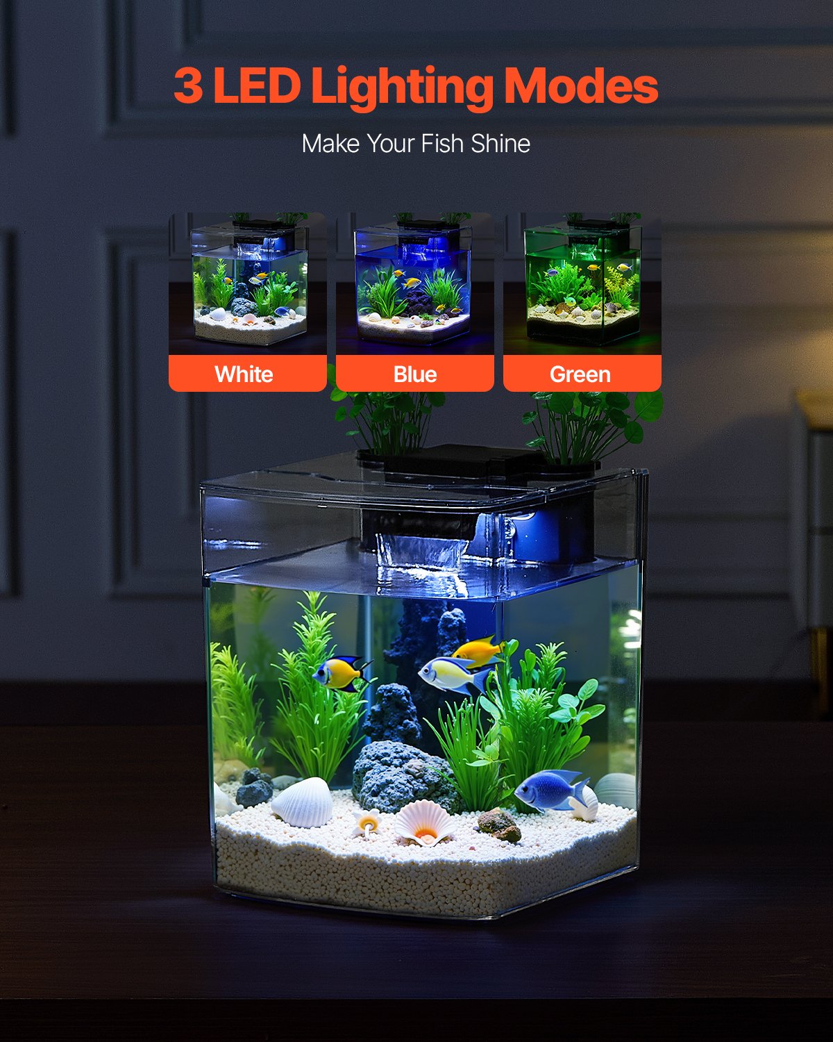 VEVOR 2 Gallon Fish Tank – 3 Color LED, 3 mm Thickness