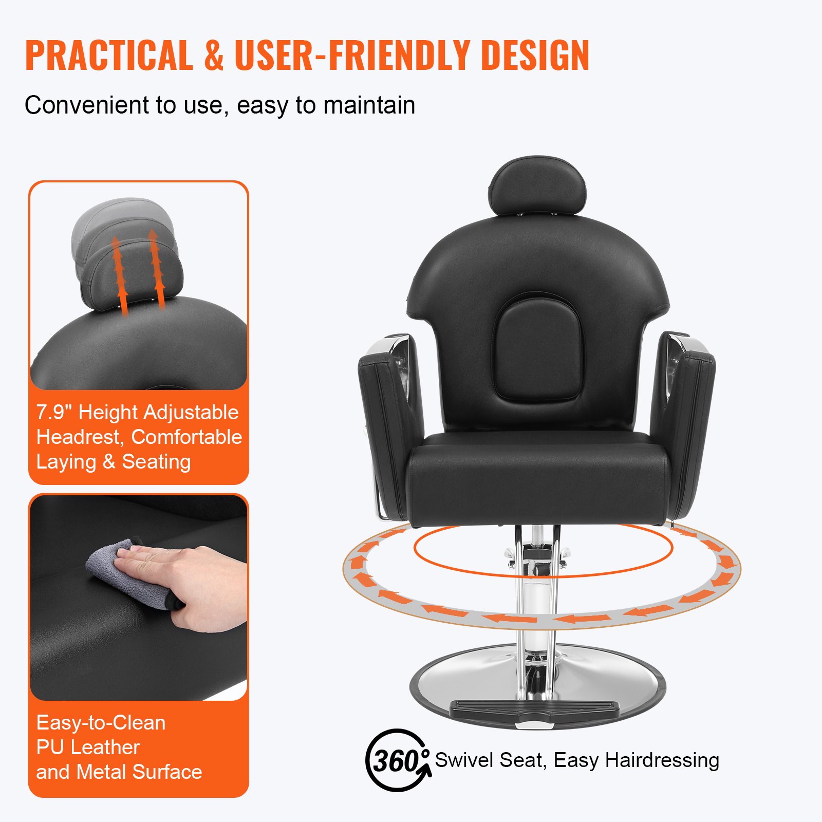 Artist Hand 360° Hydraulic Reclining Barber Chair – Black All-Purpose Salon Stool With Footrest