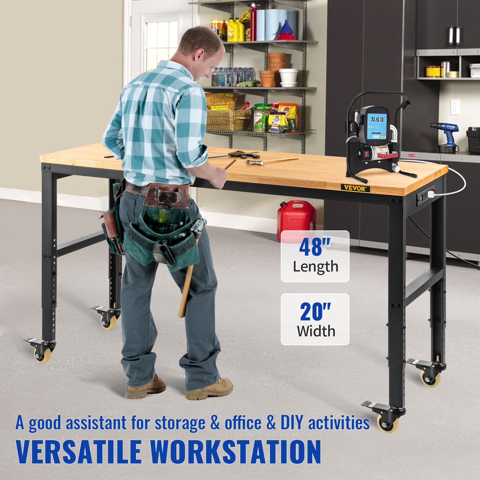 VEVOR Workbench Adjustable Height, 48" L X 20" W X 40.9" H Garage Table ...