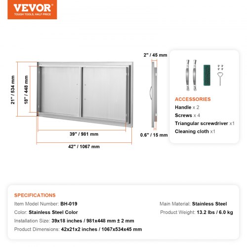 VEVOR BBQ Access Door, 42W x 21H Inch Double Outdoor Kitchen Door