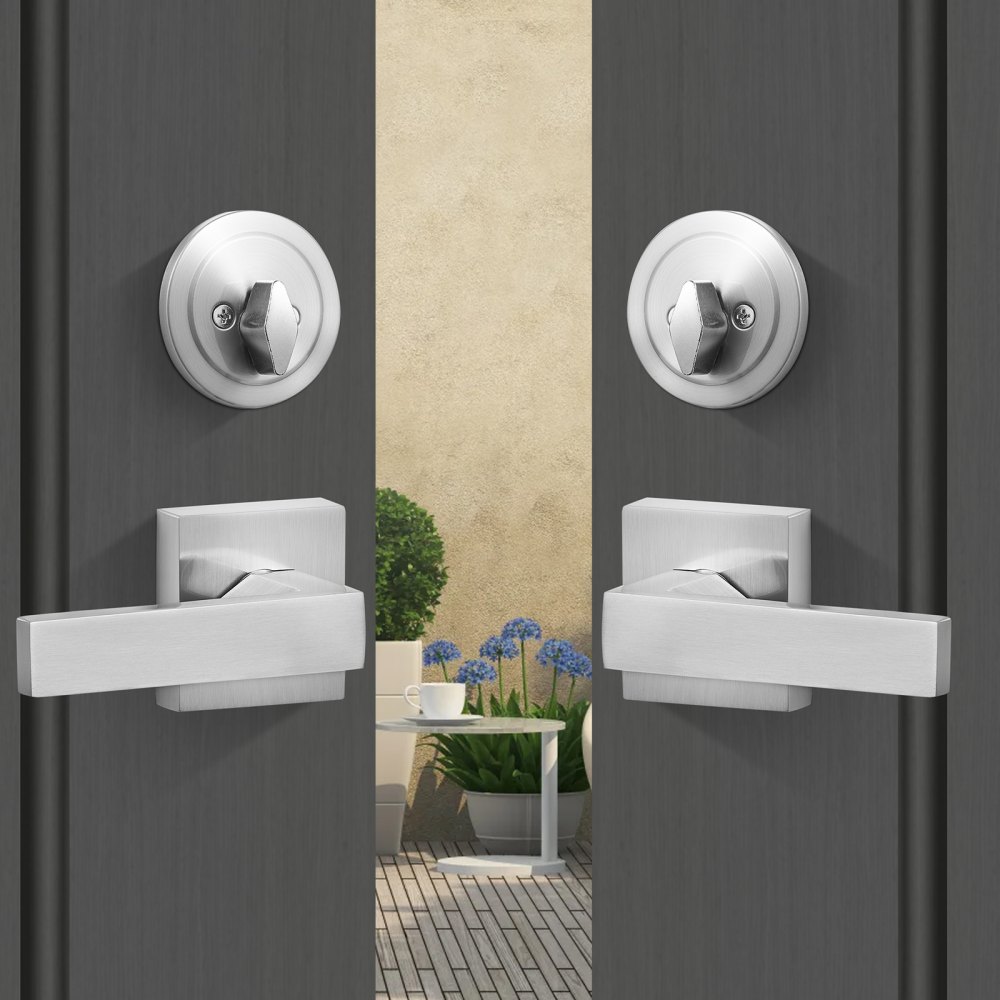 VEVOR Double Door Handle Set, Satin Nickel Square Door Lever, Heavy ...
