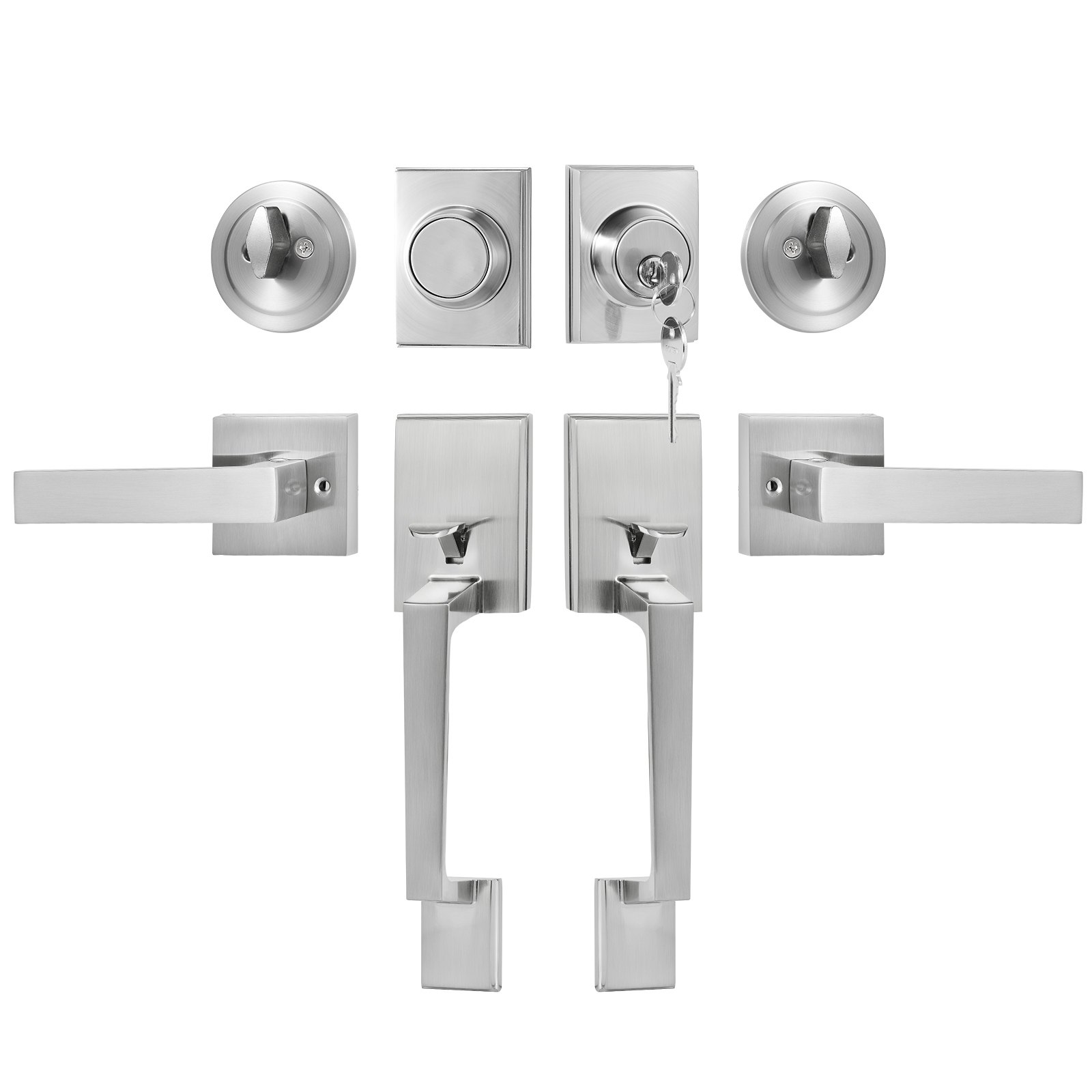 VEVOR Double Door Handle Set, Satin Nickel Square Door Lever, Heavy Duty Double Front Door