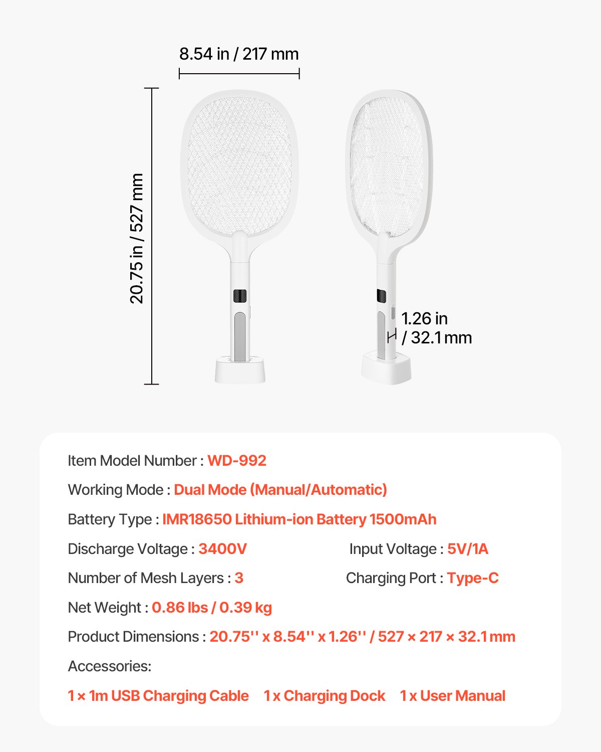 VEVOR Electric Fly Swatter Racket – 3-Layer Mesh, 1500mAh