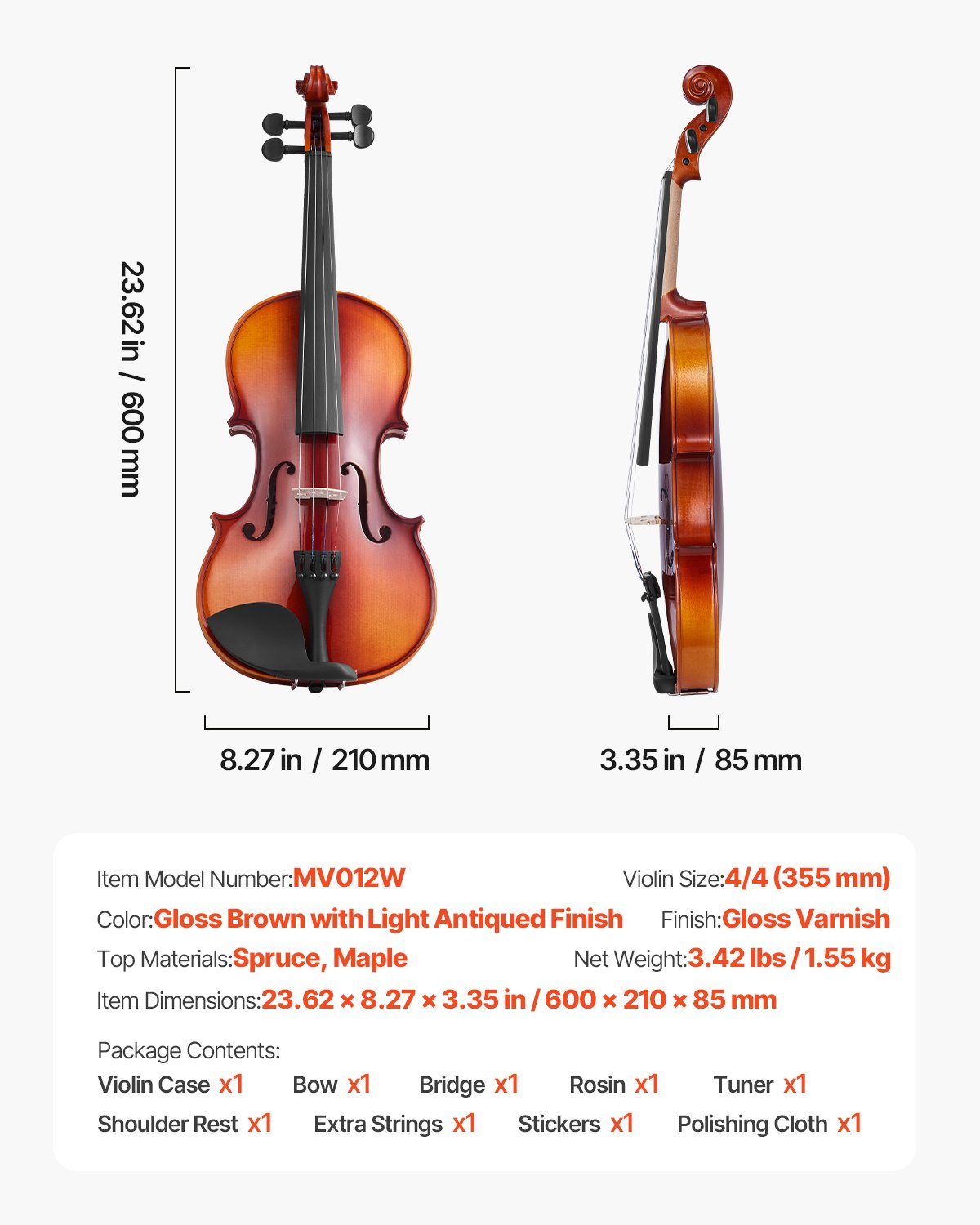 VEVOR 4/4 Violin – 23+ inches, 584.2+ mm, Aged 12+
