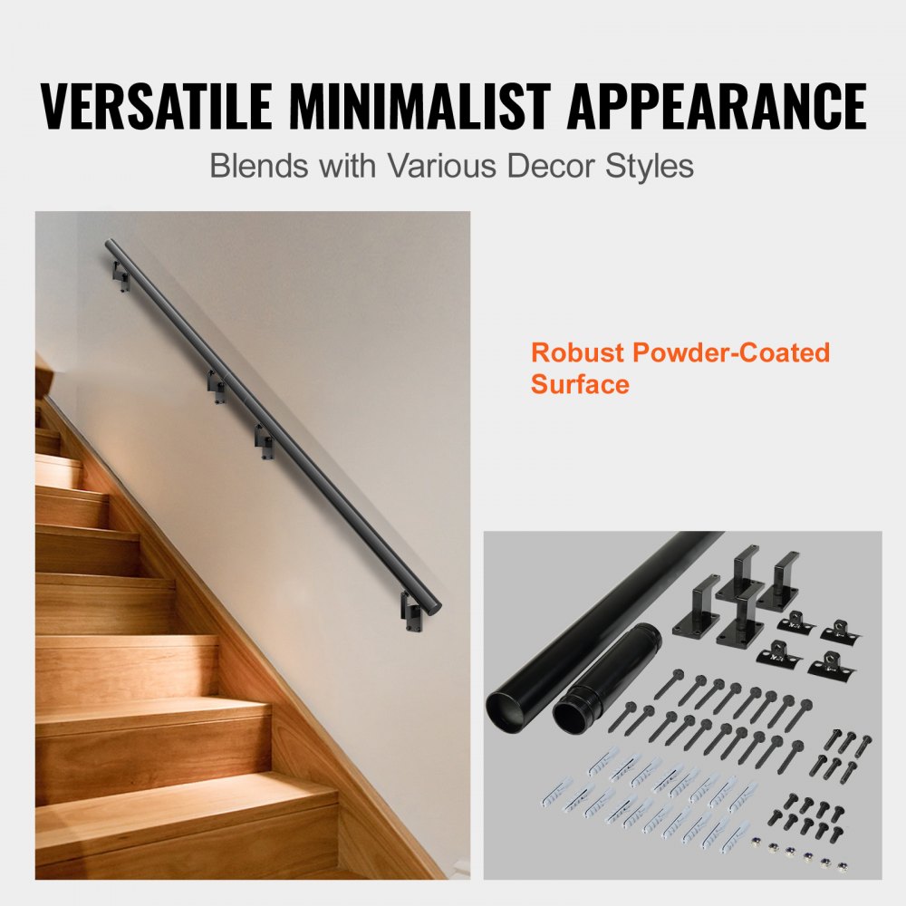 VEVOR Handrail Stair Railing, 12 ft, Wall Mount Handrails for Indoor ...