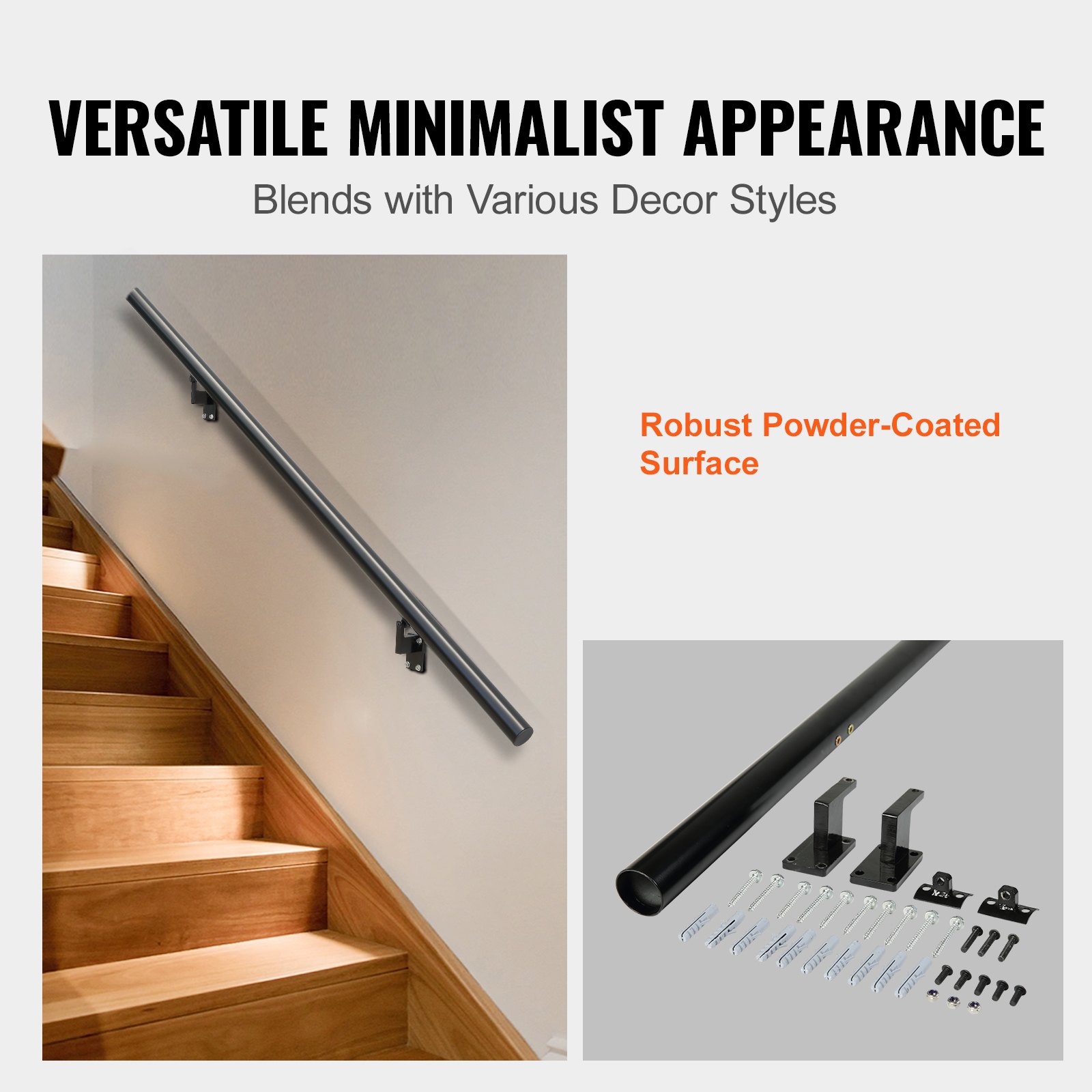 VEVOR Handrail Stair Railing, 4 ft, Wall Mount Handrails for Indoor ...