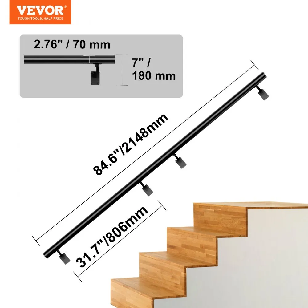VEVOR Handrail Stair Railing, 7 ft, Wall Mount Handrails for Indoor ...