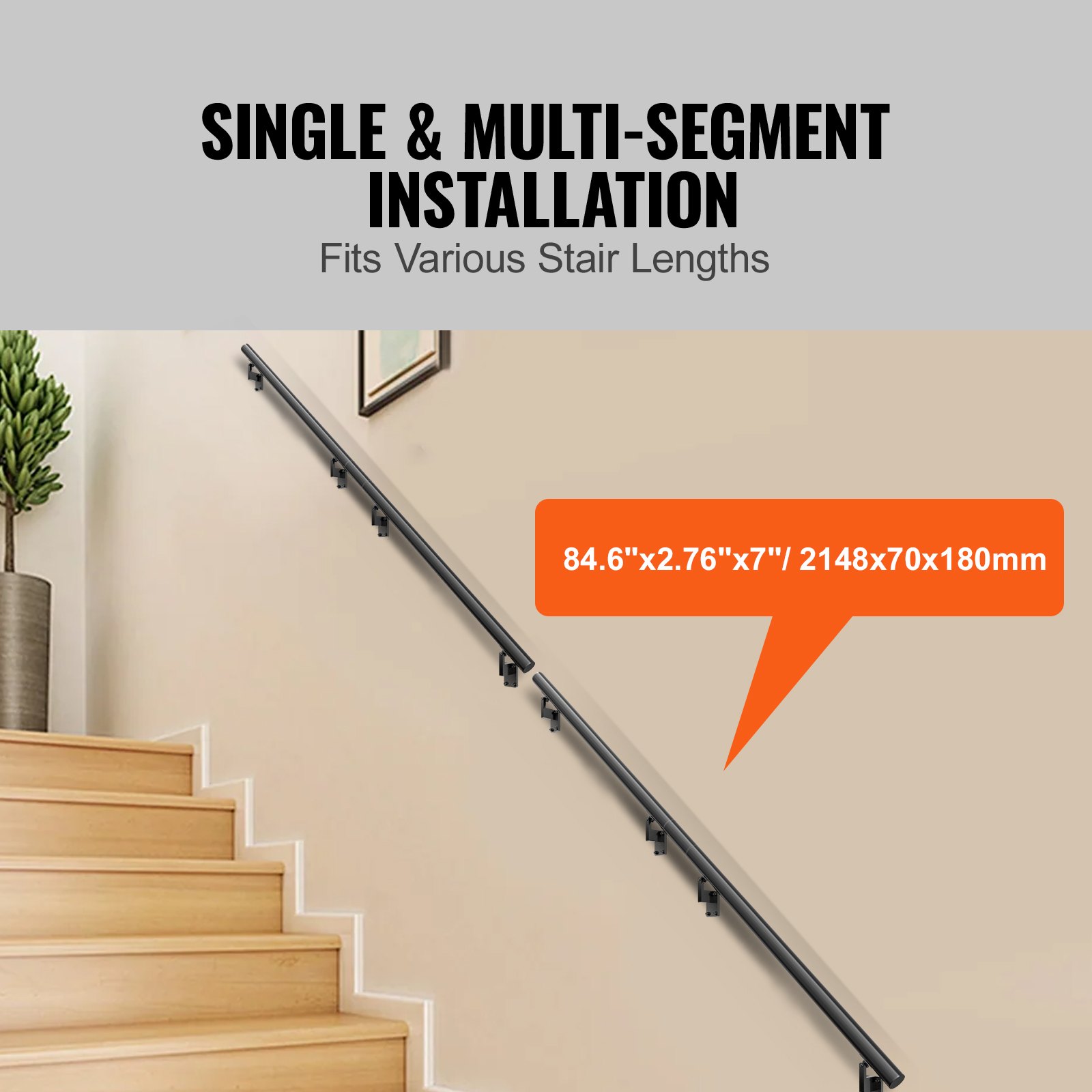VEVOR Handrail Stair Railing, 7 ft, Wall Mount Handrails for Indoor ...