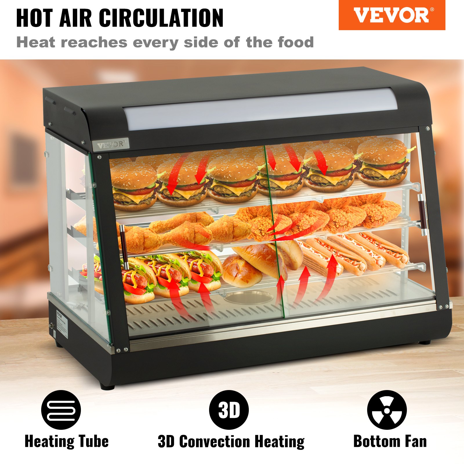 VEVOR 3Tier Commercial Food Warmer Countertop Pizza with Water