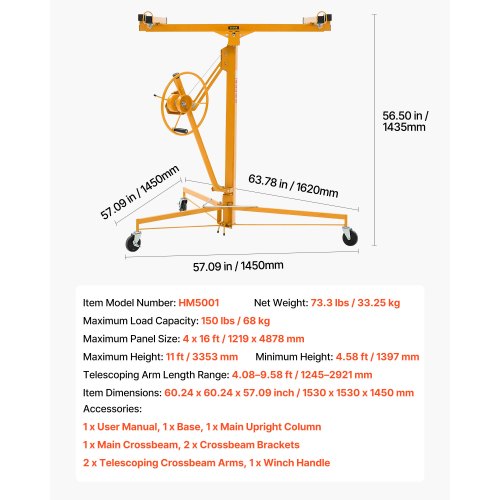 VEVOR 11ft Drywall Lift - 150 lbs Capacity & 60° Tilt