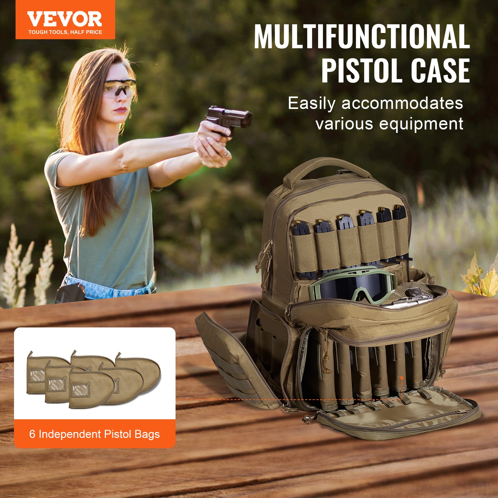 VEVOR Gun Range Backpack — 6-Pistol Shooting Range Bag