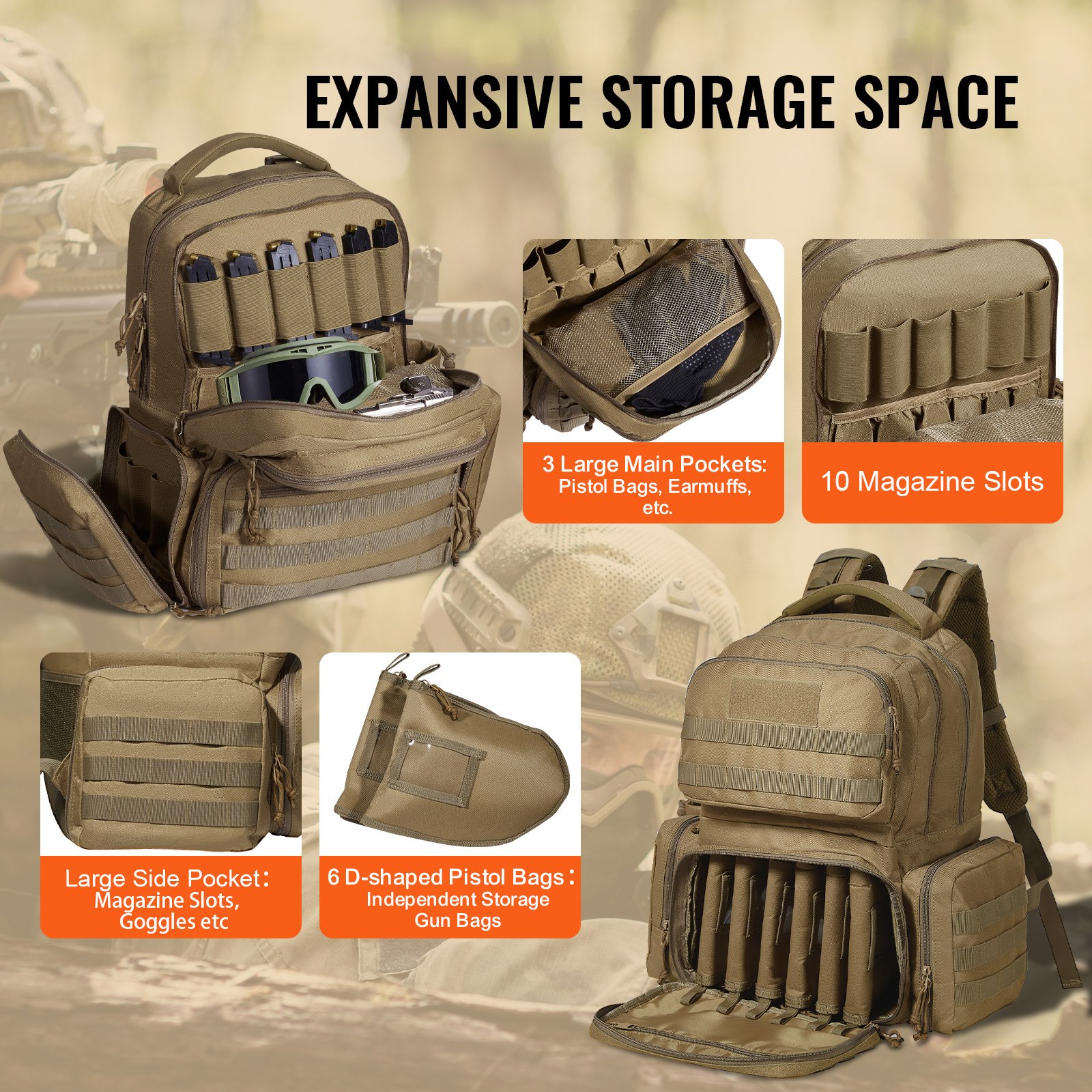 VEVOR Gun Range Backpack — 6-Pistol Shooting Range Bag