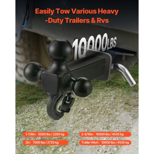 MaxxHaul 51003 Trailer Hitch Tri Ball Mount With Hook Pin Rotatable Tow Shackle 2 In Reciever 12000 Lbs Capacity Heavy Duty With 1-7/8 In 2 In 2-5/16