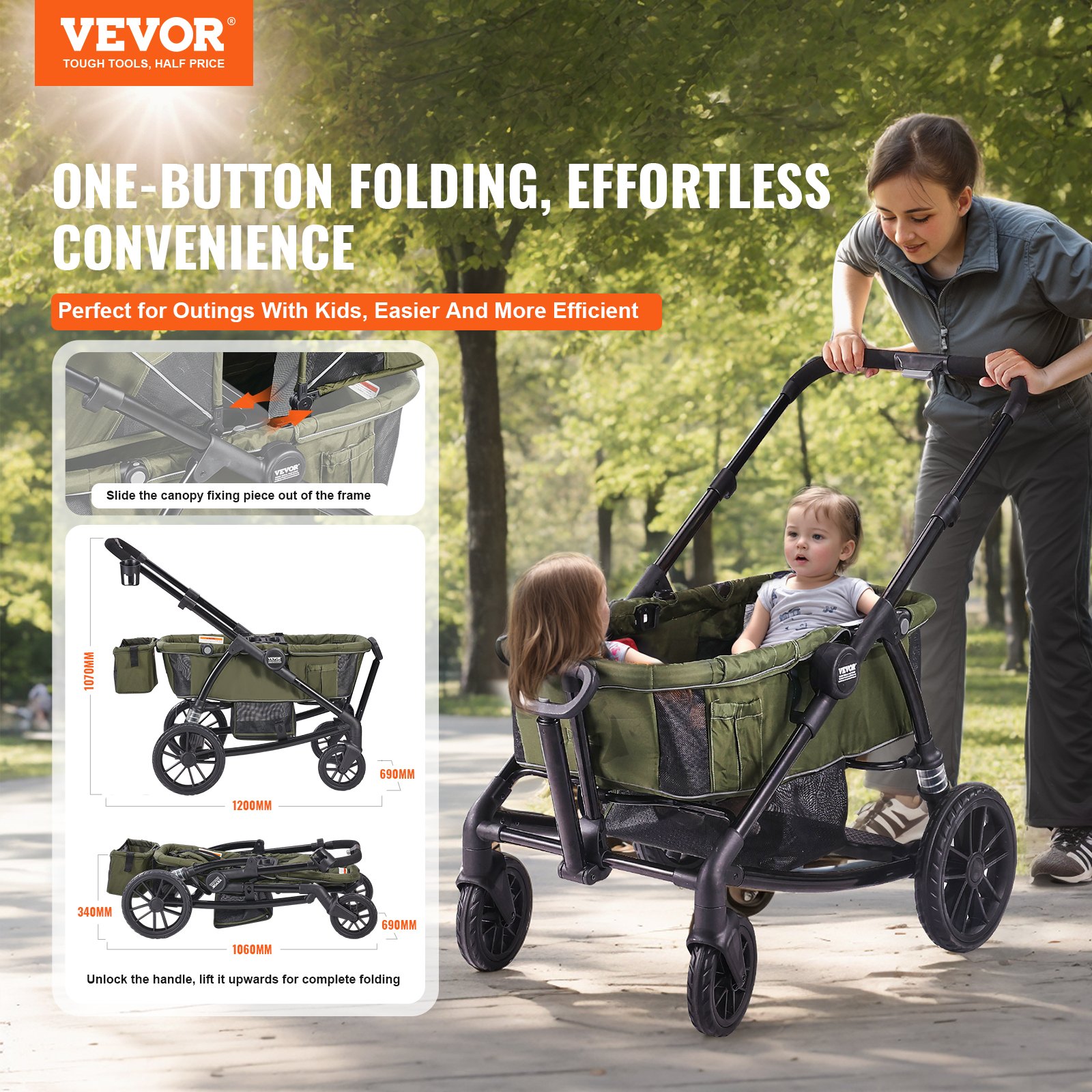 VEVOR All-Terrain Stroller Wagon, 2 Seats Foldable Expedition 2-in-1 ...