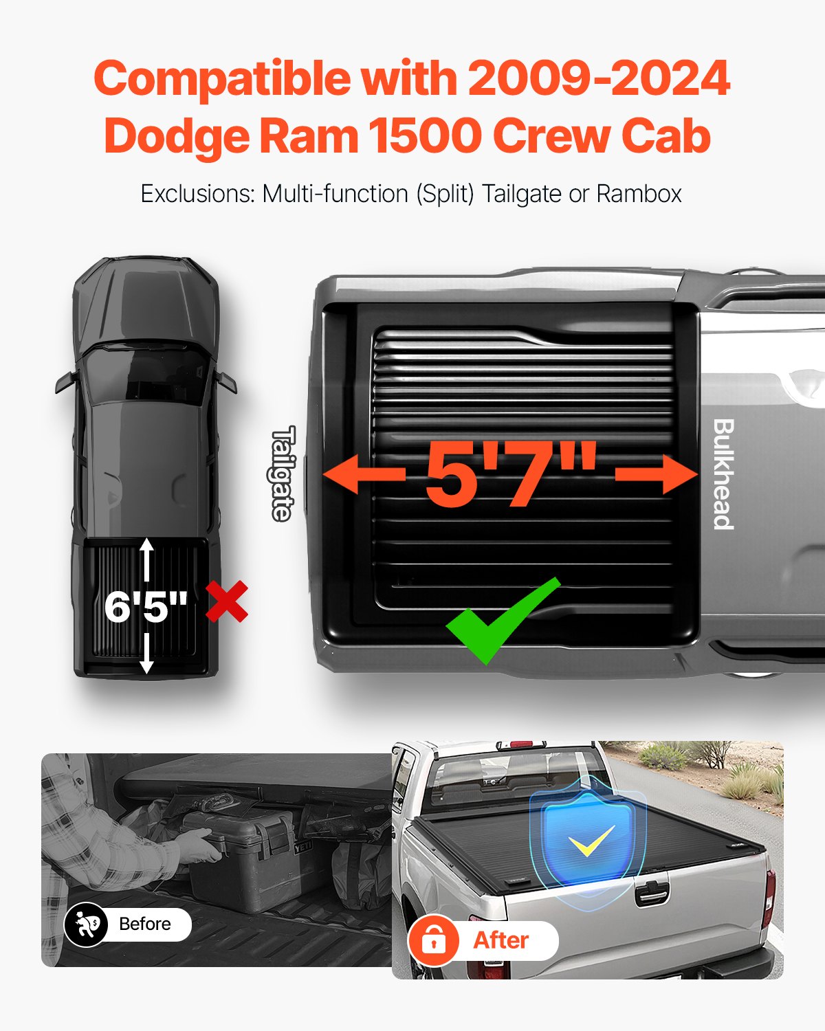 thumbnail image 2 of JDMSPEED Soft Roll Up Tonneau Cover For 2009-2023 Dodge Ram 1500 Crew - 5.7ft Bed, Black 2 of 4
