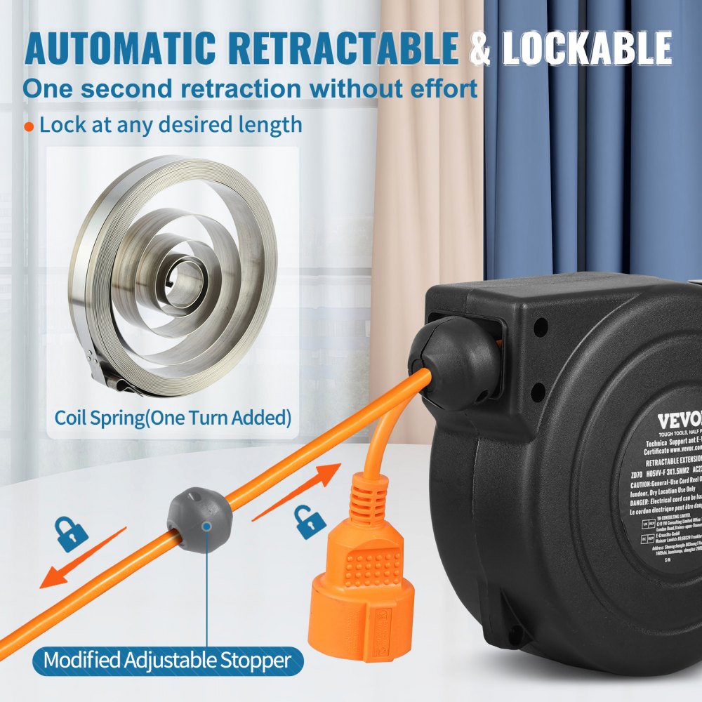 Retractable Extension Code VEVOR Retractable Extension Cord Reel, 29.53 ft / 9 m, 1000W Heavy Duty ...