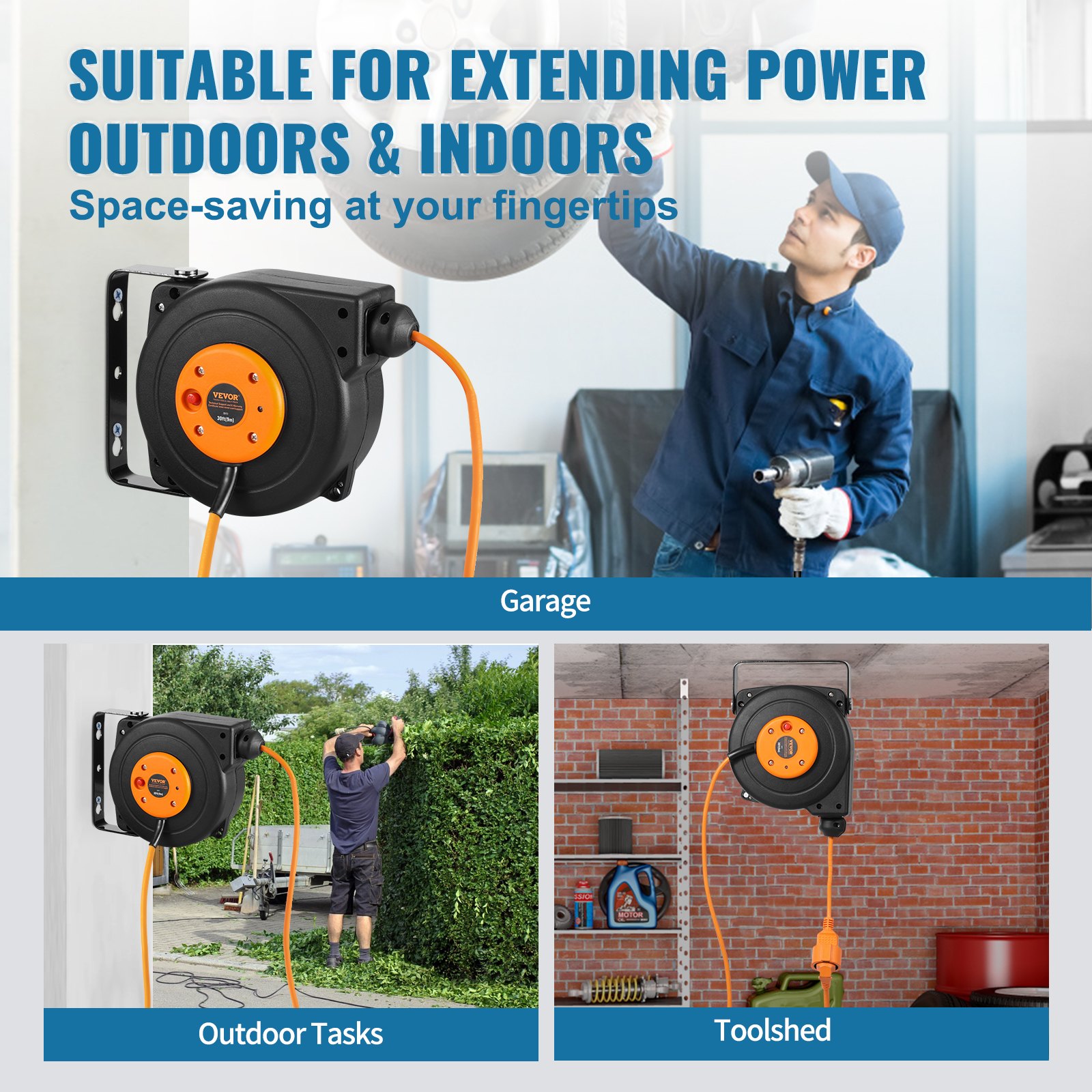 Mounted Retracable Rope VEVOR Retractable Extension Cord Reel, 29.53 ft / 9 m, 1000W Heavy Duty ...