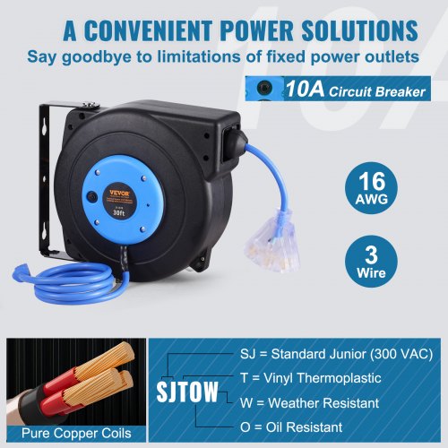 VEVOR Retractable Power Cord Reel – 30FT, 16AWG/3C, SJTOW
