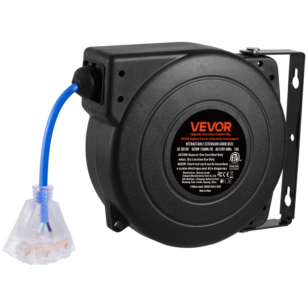 VEVOR 12 Gauge Retractable Extension Cord Reel – 45FT, 180°